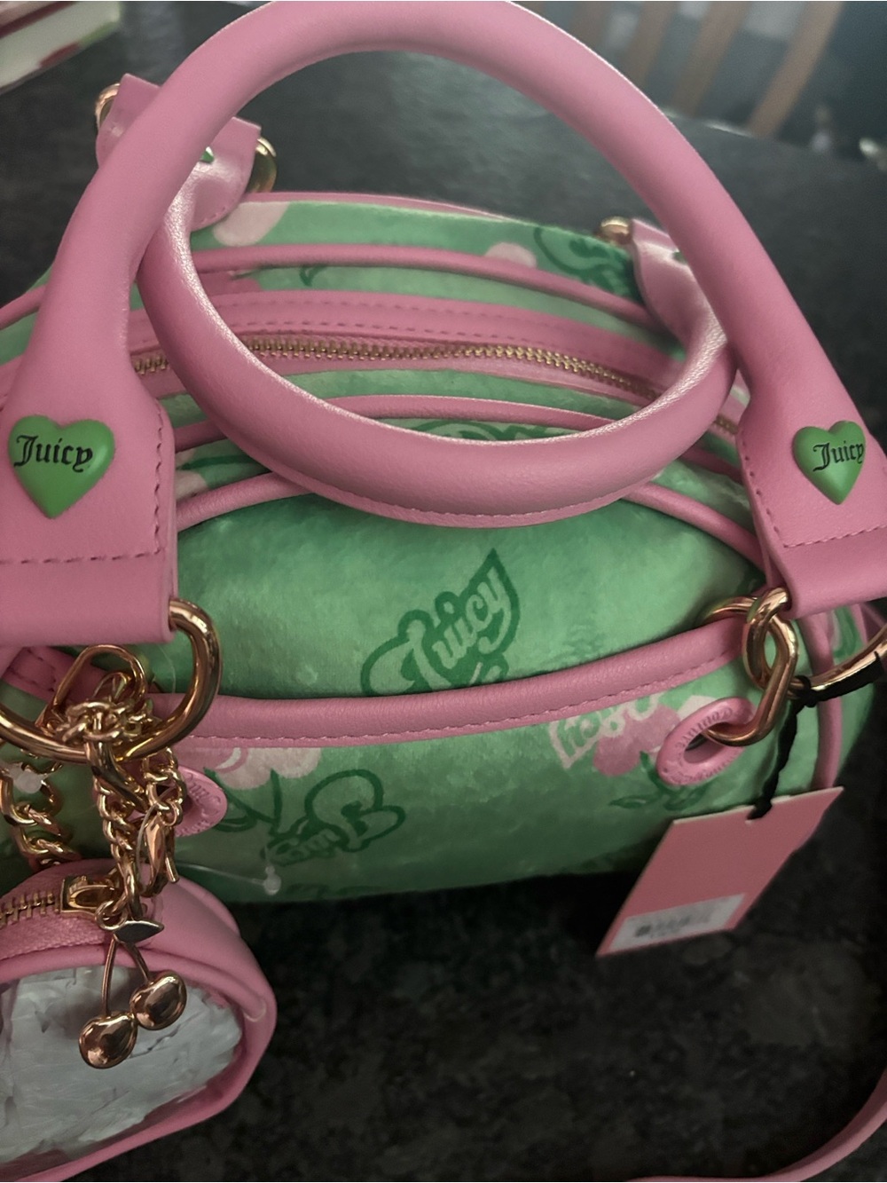 NWT Juicy Couture Retro Pink & Green Barrel Satchel with Cherry Gelato Accent - Picture 6 of 12